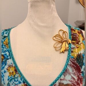 Fabulous Vintage Signed BSK Seed Pearl Gold Floral Ribbon Brooch Pin 3”